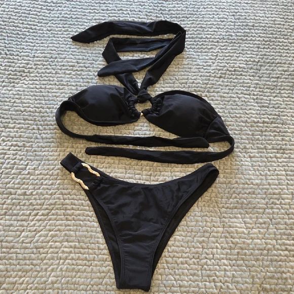 Black Halter Ring Bikini Set - Picture 1 of 8